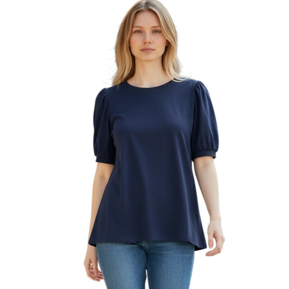 On 34th Puff Sleeve Crew Neck Top Pull Over, Women's, Color Navy Blue, Size 1X
